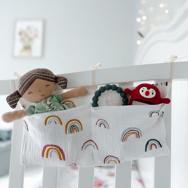 Baby Crib Organizer, Pattern Hanging Storage, Rainbow, Teddy Bear, Flower Linen Bed Pocket, Bedside Storage Bag, Double Pocket Linen Storage