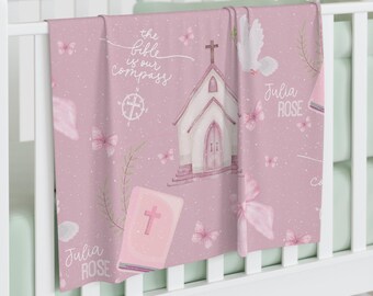 Personalized Bible is Our Compass Baby Swaddle Blanket, Christian Name Blanket, Bible, Church, Doves