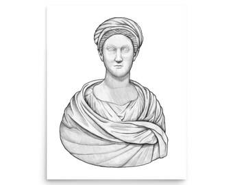 May include: A black and white pencil drawing of a classical bust. The bust depicts a person with a draped garment and a turban-like head covering. The artwork is on a white background.
