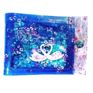 Liquid Glitter Jelly Wallet Heart Shape Swans Love Birds Among Rose Wild Flowers Holograms & Iridescent Holographic Hearts. One-of-a-kind !