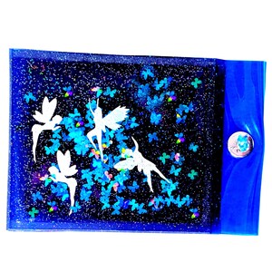Glow in the Dark Liquid Jelly Wallet with Luminous White Fairies + Holographic Neon Blue Butterflies Sequins Shimmer. Radiant Embellishments