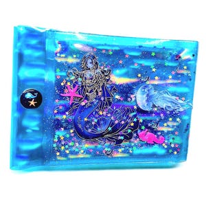 Liquid Glitter Mermaid Wallet. Oceanic Sensory Accessory. Holographic Siren Jellyfish + Pink Seahorses Float with Star Shimmer in Real Waves