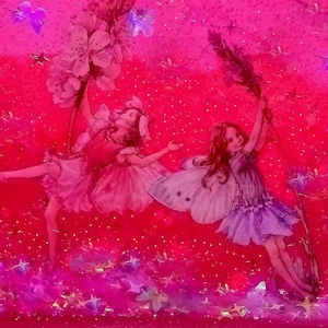 May include: A vibrant pink illustration featuring two figures with wings, one in a pink dress holding a large flower and the other in a purple dress holding a leafy branch, surrounded by scattered glittery stars and butterfly shapes on a bright background.