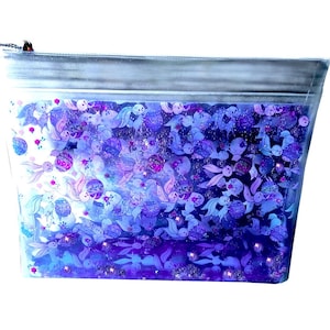 Big 2 in 1 Liquid Glitter Makeup Pouch. Multicolor Bunnies + Mini Eggs. Rabbit Cosmetic Case. Beauty Product bag. Iridescent Star Shimmer