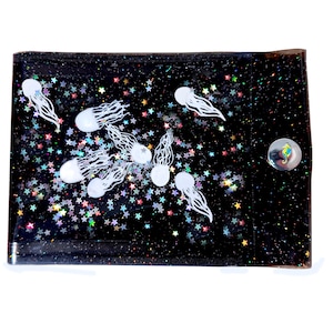 Liquid Glitter Big Wallet with White Jellyfishes Swimming with a Myriad of Holographic Stars Glitter in   Sparkly Vinyl. Eccentric! Unique !