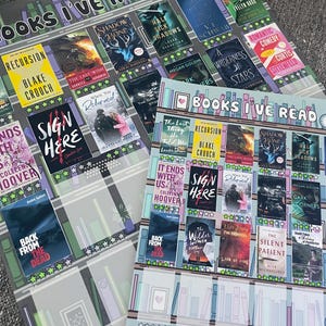 May include: Two book tracker charts with a bookshelf design. The charts are labeled "Books I've Read" and feature a variety of book titles, including "Recursion", "Shadow and Bone", "Half Sick Shadows", "The Last Thing He Told Me", "It Ends With Us", "Sign Here", "The Wilder Women", "The Silent Patient", and "Dark Corners".