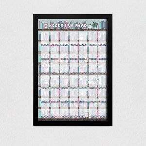May include: A black framed printable poster with the text "BOOKS I'VE READ" and a bookshelf with 100 empty spaces to mark books read. The bookshelf is illustrated with a light blue background and pink and blue book spines.