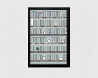 May include: A framed illustration of a bookshelf with five shelves. The shelves are filled with books, plants, a clock, a bowl, candles, and other decorative items. The background is a light blue color.