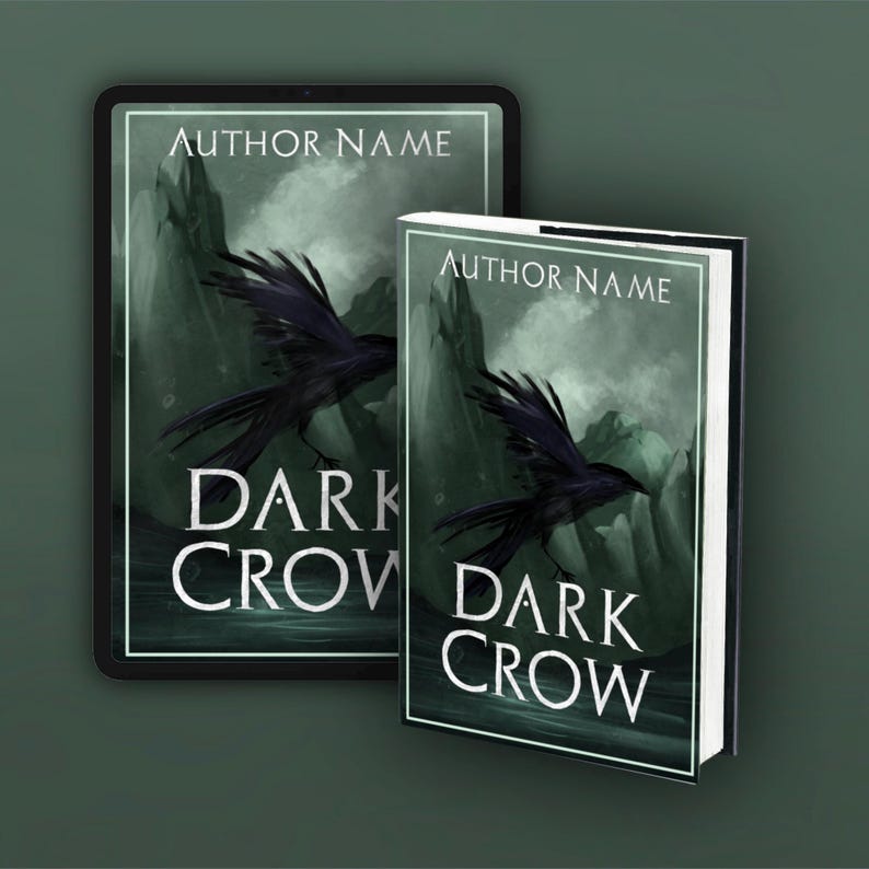 May include: A book cover with a dark green background and a black crow flying over a mountain range. The title "DARK CROW" is written in white text on the cover. The author's name is also written in white text on the cover.