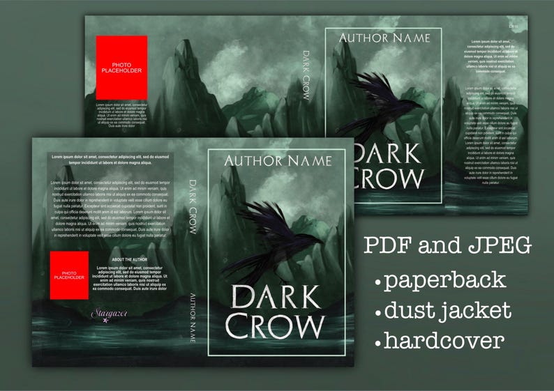 May include: Book cover mockup featuring a dark green background with a black crow flying over a misty mountain range. The title "DARK CROW" is written in white text with the author's name below. The cover is available in PDF, JPEG, paperback, dust jacket, and hardcover formats.
