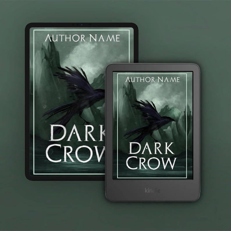 May include: A digital book cover with a dark green background and a black crow flying over a mountain range. The title "DARK CROW" is written in white text below the crow. The author's name is written in white text at the top of the cover.