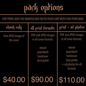 May include: A chart with three columns titled "ebook only", "all print formats", and "print + ad photos". Each column lists the different formats available for purchase and the corresponding price: $40.00, $90.00, and $110.00.