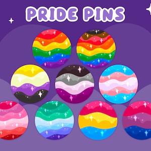May include: A collection of Pride Pins with various LGBTQ+ flag designs, including rainbow, transgender, and bisexual flags. The pins are round with a wavy pattern and sparkling accents, set against a purple background with the text "PRIDE PINS".