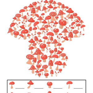 Könnte beinhalten: Ein rotes und weißes Pilz-Ich-sehe-Spiel. Das Bild zeigt eine große Pilzform, die aus vielen kleineren roten und weißen Pilzen besteht. Unter dem großen Pilz befinden sich sechs kleinere Pilze mit leeren Zeilen, in die die Spieler eintragen können, wie viele Pilze von jeder Art sie im großen Pilz finden können.