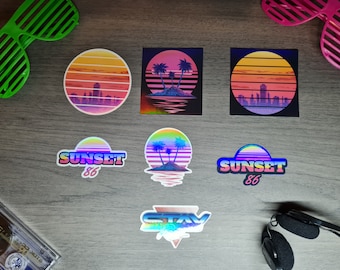 Pacchetto di 7 adesivi olografici Synthwave/Retrowave anni '80