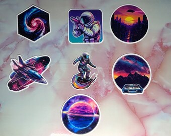 Cosmic Cityscape & Astronaut Stickers – 7-Piece Synthwave Pack for Retro 80s