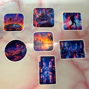 Set di adesivi in vinile retrò Synthwave Nights: Cyberpunk e palme - Fresco e nostalgico