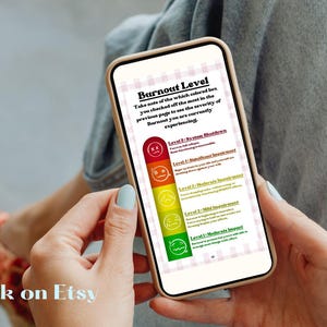 May include: A smartphone displays a "Burnout Level" chart with a color-coded scale from green to red, indicating levels of burnout. The text explains how to assess burnout severity. The Etsy shop name "SelfEmbark on Etsy" is visible at the bottom.