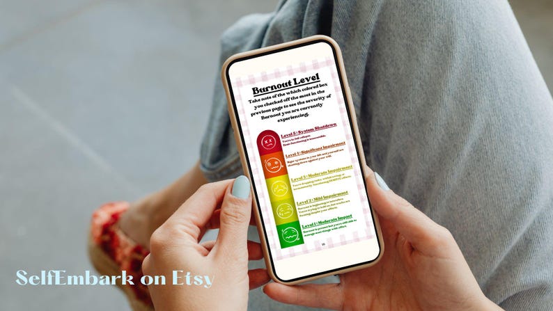 May include: A smartphone displays a "Burnout Level" chart with a color-coded scale from green to red, indicating levels of burnout. The text explains how to assess burnout severity. The Etsy shop name "SelfEmbark on Etsy" is visible at the bottom.