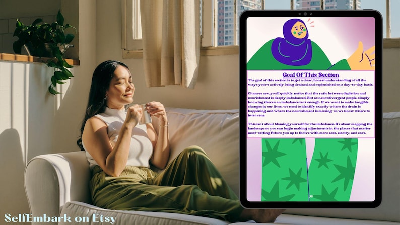 May include: A woman sits on a white sofa, holding a cup, with a tablet displaying text and illustrations. The tablet's screen shows the words "Goal Of This Section" and a graphic of a person in a hijab.