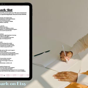 May include: A digital tablet displays a "Check-list" with text about burnout. An older person is writing in a notebook with a pen. The Etsy shop name "SelfEmbark on Etsy" is at the bottom of the tablet.