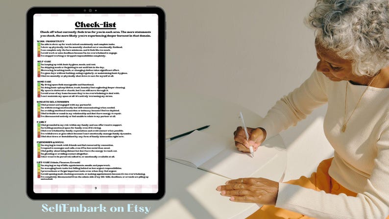 May include: A digital tablet displays a "Check-list" with text about burnout. An older person is writing in a notebook with a pen. The Etsy shop name "SelfEmbark on Etsy" is at the bottom of the tablet.