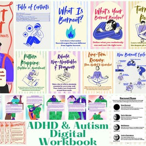 May include: A digital workbook titled "Burnout Blueprint" with colorful illustrations and text. The workbook covers topics like burnout cycles, pattern mapping, and long-term recovery. The text "ADHD & Autism Digital Workbook" is also visible.
