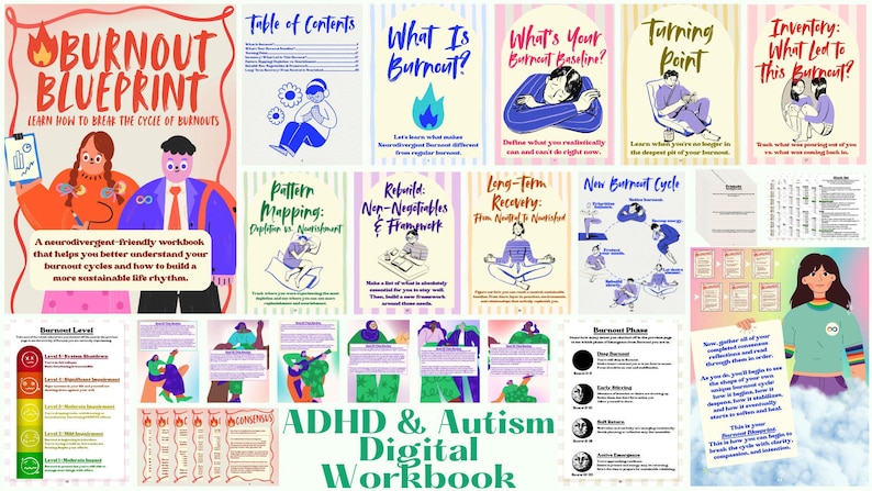 May include: A digital workbook titled "Burnout Blueprint" with colorful illustrations and text. The workbook covers topics like burnout cycles, pattern mapping, and long-term recovery. The text "ADHD & Autism Digital Workbook" is also visible.