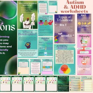 May include: A collage of colourful worksheets designed for children with autism and ADHD. The worksheets focus on transitions, a common challenge for neurodivergent individuals. The worksheets feature illustrations and text, including the words "Transitions", "Autism & ADHD", "Types of Transitions", "Big T", "Small T", "Autistic Inertia", "Philosophy", "Tasks vs. Activity", and "SelfLmbark on Etsy".