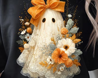Fantasma de encaje floral coqueto PNG, Sublimación de otoño de Halloween femenino, Fantasma de encaje lindo Boo PNG, Camisa de Halloween PNG, Fantasma de Halloween PNG,