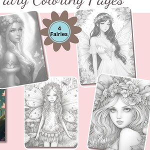 Fairy Coloring Pages, Digital Coloring Pages, 4 Fairies in Light Grayscale, Adult Coloring, PNG Printable, 300 DPI, Instant Download
