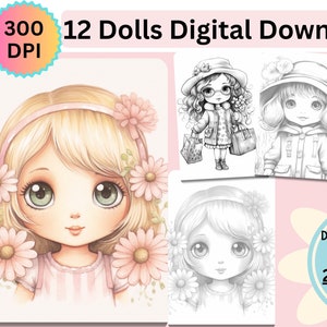 INSTANT DOWNLOAD-Big Eye Dolls Digital Coloring Pages, 12 Dolls, Light and Dark Version, Adult Coloring, Grayscale, 24 Pages PNG Printable
