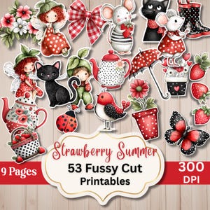 Puede incluir: Una colección de imágenes imprimibles caprichosas, troqueladas, con temática de fresas. Los diseños incluyen hadas, ratones, gatos, teteras, pájaros y mariposas, todo en una combinación de colores rojo y blanco. También se incluye el texto "Strawberry Summer".