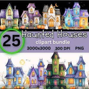 Halloween Haunted Houses Clipart Bundle, Printable Clipart, Digital Download, Watercolor Houses PNG, Paper Craft, Scrapbooking, Journaling