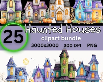 Halloween Haunted Houses Clipart Bundle, Printable Clipart, Digital Download, Watercolor Houses PNG, Paper Craft, Scrapbooking, Journaling
