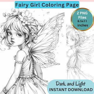 Fairy Girl Coloring Page for Adults, Grayscale Coloring Page, Fall Coloring, Instant Download, PNG, Light and Dark