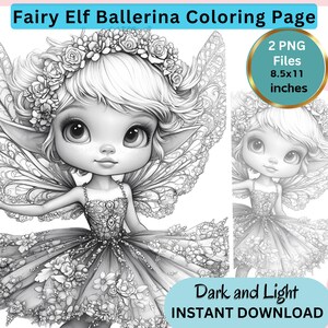 Fairy Girl Coloring Page for Adults, Grayscale Coloring Page, Fall Coloring, Instant Download, PNG, Light and Dark