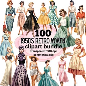 100 cliparts femmes rétro des années 1950, fond Transparent, clipart de journal indésirable, papiers numériques, éphémères imprimables, kit de journal numérique