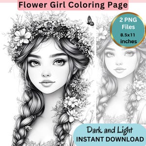 Flower Girl Portrait Coloring Page for Adults, Grayscale Coloring Page, Fall Coloring, Instant Download, PNG, Light and Dark