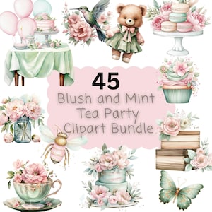 Tea Party Clip Art Elements 45 Blush Pink and Mint Green PNG Transparent Watercolor Bridal Shower Clipart Bundle Ephemera for Card Making