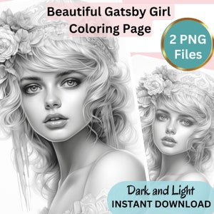Gorgeous Gatsby Girl, Coloring Page for Adults, Grayscale Coloring Page, Girl portrait, Instant Download, PNG