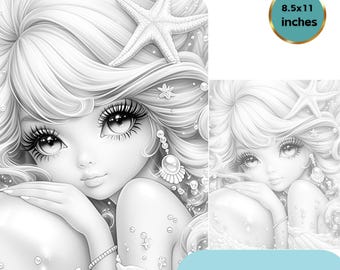 Beautiful Mermaid Coloring Page for Adults, Grayscale Coloring Page, Light and Dark Version, Instant Download, PNG