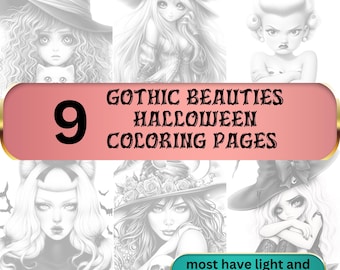 Paquete de páginas para colorear de bellezas góticas para Halloween para adultos, escala de grises clara, bruja para colorear, melancólica, aterradora, 8,5 x 11 pulgadas, PNG