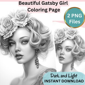 Gorgeous Gatsby Girl, Coloring Page for Adults, Grayscale Coloring Page, Girl portrait, Instant Download, PNG