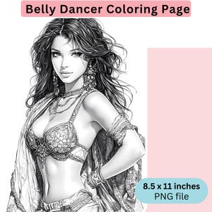 Sexy Belly Dancer Coloring Page for Adults, Harem Grayscale Coloring Page, Fall Coloring, Instant Download, PNG, 8.5 x 11 inches
