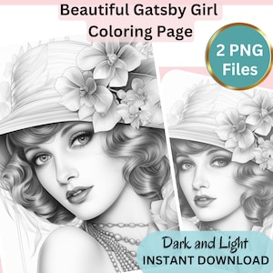 Gorgeous Gatsby Girl, Coloring Page for Adults, Grayscale Coloring Page, Girl portrait, Instant Download, PNG