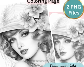 Gorgeous Gatsby Girl, Coloring Page for Adults, Grayscale Coloring Page, Girl portrait, Instant Download, PNG