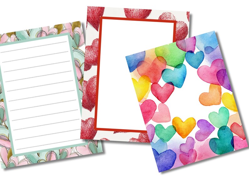 Printable Heart Notepad Paper, Colorful Hearts Paper, Digital Heart ...