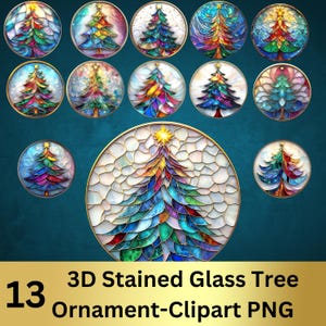 3D Illusion Stained Glass Christmas Tree Round Ornament PNG Bundle, Instant Digital Download, Festive Clipart for Winter Crafts, Invitations