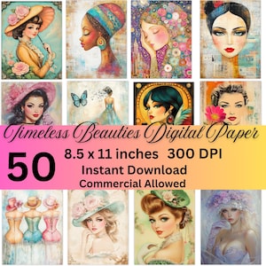 Pages imprimables du Journal des beautés intemporelles, belles femmes feuilles de créations en papier numérique, scrapbooking, papier de fond pour téléchargement immédiat